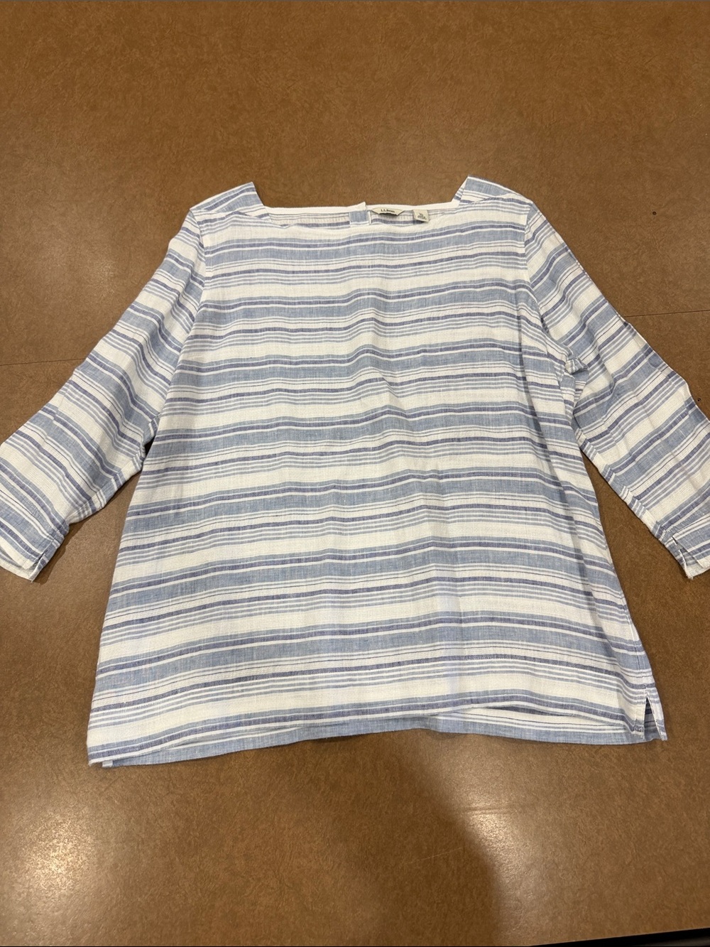 L.L. Bean Blue and White Striped Boatneck Tunic • 100% Linen • Size XL
